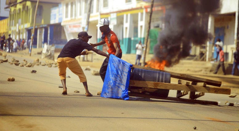 Protesters set up a barricade in the Eastern Congolese town of Beni Thursday Dec. 27, 2018. Protesters set up a barricade in the Eastern Congolese town of Beni Thursday Dec. 27, 2018.