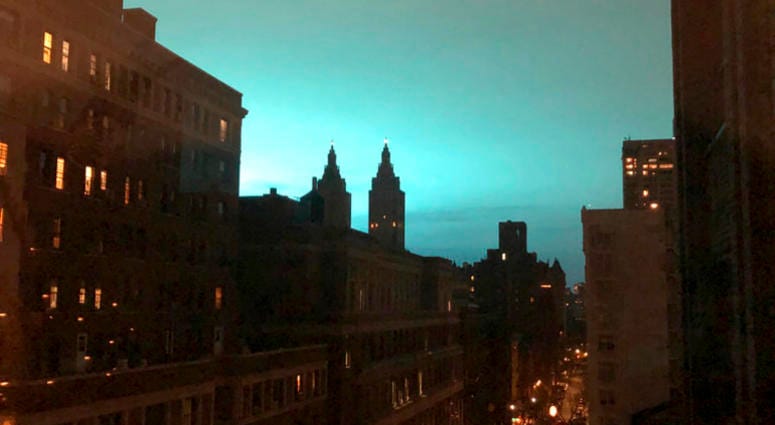 This photo shows blue light over New York, as seen from Manhattan Brough of New York on Thursday, Dec. 27, 2018. This photo shows blue light over New York, as seen from Manhattan Brough of New York on Thursday, Dec. 27, 2018.