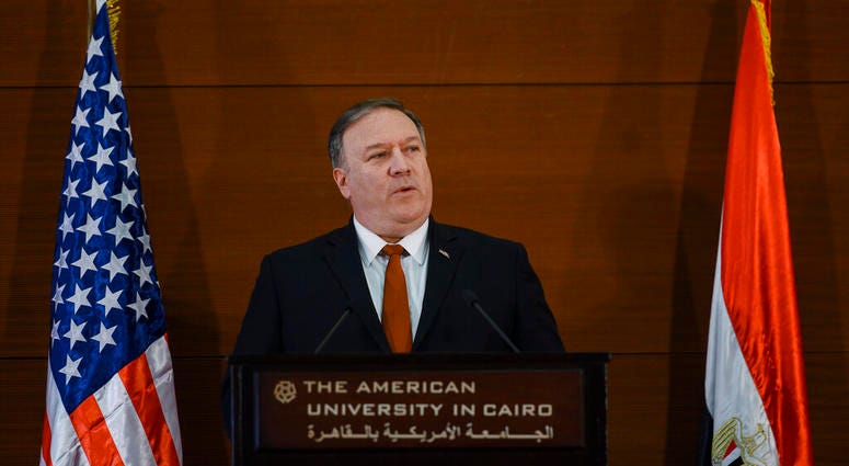 Secretary of State Mike Pompeo speaks to students at the American University Cairo, in the eastern suburb of New Cairo, Egypt, east of the capital, Thursday, Jan. 10, 2019. Secretary of State Mike Pompeo