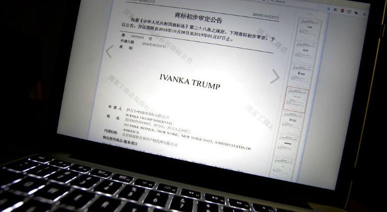 FILE - In this Nov. 6, 2018, file photo, a document from the website of China's Trademark Office of the State Administration for Industry and Commerce showing provisional approval of a trademark for Ivanka Trump Marks LLC is seen on a computer screen in B FILE - In this Nov. 6, 2018, file photo, a document from the website of China's Trademark Office of the State Administration for Industry and Commerce showing provisional approval of a trademark for Ivanka Trump Marks LLC is seen on a computer screen in B