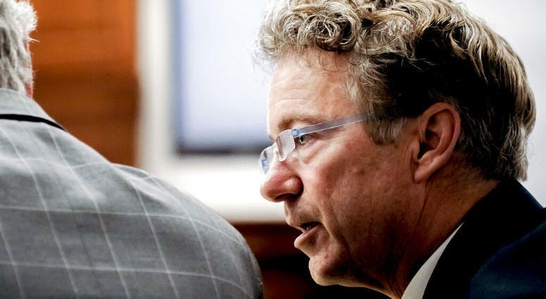U.S. Sen. Rand Paul, R-Ky., talks with his attorney Tom Kerrick Tuesday, Jan. 29, 2019, during the second day of a civil trial involving Paul and his neighbor Rene Boucher in Warren Circuit Court in Bowling Green, Ky. U.S. Sen. Rand Paul, R-Ky., talks with his attorney Tom Kerrick Tuesday, Jan. 29, 2019, during the second day of a civil trial involving Paul and his neighbor Rene Boucher in Warren Circuit Court in Bowling Green, Ky.