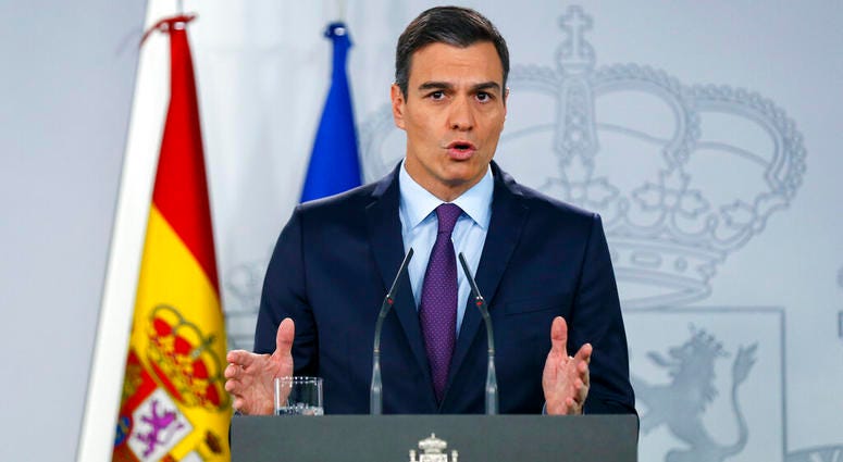 Spain's Prime Minister Pedro Sanchez delivers a statement at the Moncloa Palace in Madrid, Spain, Monday, Feb. 4, 2019. Spain's Prime Minister Pedro Sanchez delivers a statement.