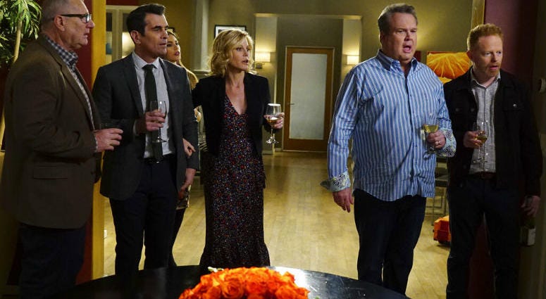 This image released by ABC shows, from left, Ed O'Neill, Ty Burrell, Sofia Vergara, obscured, Julie Bowen, Eric Stonestreet and Jesse Tyler Ferguson in a scene from "Modern Family." This image released by ABC shows, from left, Ed O'Neill, Ty Burrell, Sofia Vergara, obscured, Julie Bowen, Eric Stonestreet and Jesse Tyler Ferguson in a scene from "Modern Family."