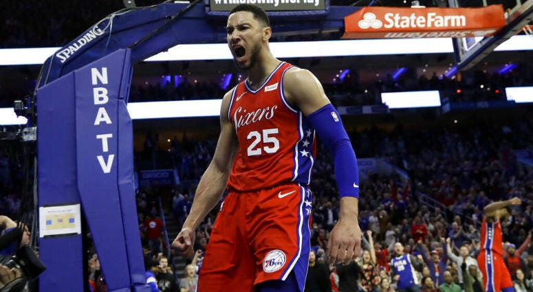 Philadelphia 76ers' Ben Simmons reacts after being fouled during the second half of the team's NBA basketball game against the Denver Nuggets, Friday, Feb. 8, 2019, in Philadelphia. Philadelphia 76ers' Ben Simmons reacts after being fouled during the second half of the team's NBA basketball game against the Denver Nuggets, Friday, Feb. 8, 2019, in Philadelphia.