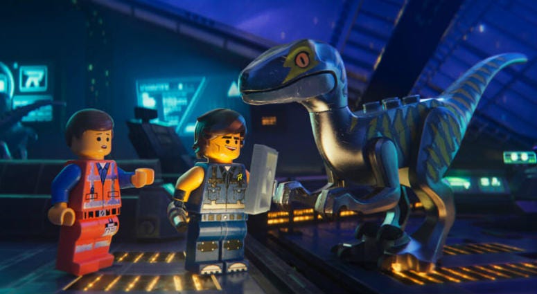 This image released by Warner Bros. Pictures shows the characters Emmet, left, and Rex Dangervest, center, both voiced by Chris Pratt, in a scene from "The Lego Movie 2: The Second Part." This image released by Warner Bros. Pictures shows the characters Emmet, left, and Rex Dangervest, center, both voiced by Chris Pratt, in a scene from "The Lego Movie 2: The Second Part."