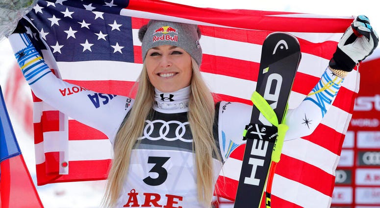 Bronze medalist United States' Lindsey Vonn celebrates after the women's downhill race, at the alpine ski World Championships in Are, Sweden, Sunday, Feb. 10, 2019. Bronze medalist United States' Lindsey Vonn celebrates after the women's downhill race, at the alpine ski World Championships in Are, Sweden, Sunday, Feb. 10, 2019.