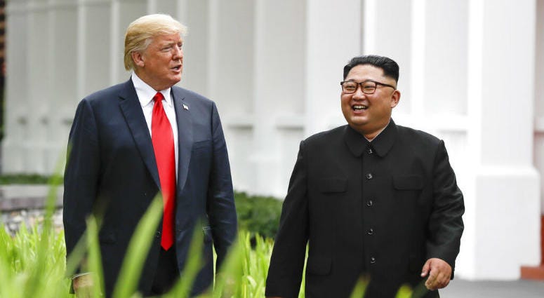 FILE - In this June 12, 2018, file photo, U.S. President Donald Trump, left, and North Korea leader Kim Jong Un walk from their lunch at the Capella resort on Sentosa Island in Singapore. FILE - In this June 12, 2018, file photo, U.S. President Donald Trump, left, and North Korea leader Kim Jong Un walk from their lunch at the Capella resort on Sentosa Island in Singapore.