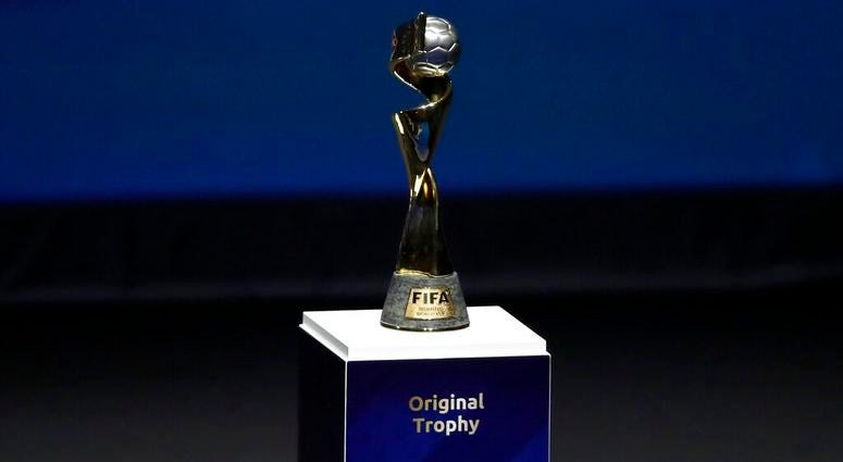 In this Dec. 8, 2018, file photo, the Women's World Cup trophy is displayed at the women's soccer 2019 World Cup draw, in Boulogne-Billancourt, outside Paris. Women's World Cup trophy