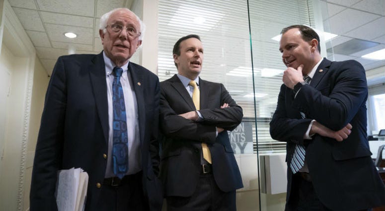 From left, Sen. Bernie Sanders, I-Vt., Sen. Chris Murphy, D-Conn., and Sen. Mike Lee, R-Utah, meet before holding a news conference on the Senate vote on ending U.S. support for the Saudi Arabian-led coalition fighting in Yemen, at the Capitol in Washingt From left, Sen. Bernie Sanders, I-Vt., Sen. Chris Murphy, D-Conn., and Sen. Mike Lee, R-Utah, meet before holding a news conference on the Senate vote on ending U.S. support for the Saudi Arabian-led coalition fighting in Yemen, at the Capitol in Washingt