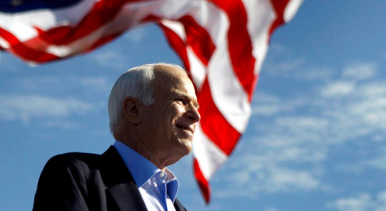 In this Nov. 3, 208 file photo, Republican presidential candidate Sen. John McCain, R-Ariz. speaks at a rally outside Raymond James Stadium in Tampa, Fla. Sen. John McCain