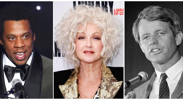 From left: Jay-Z at the Pre-Grammy Gala And Salute To Industry Icons on Jan. 27, 2018; Cyndi Lauper at the Library of Congress Gershwin Prize tribute concert on March 13, 2019; and Sen. Robert F. Kennedy speaking in Atlantic City, May 9, 1968. From left: Jay-Z, Cyndi Lauper, Sen. Robert F. Kennedy