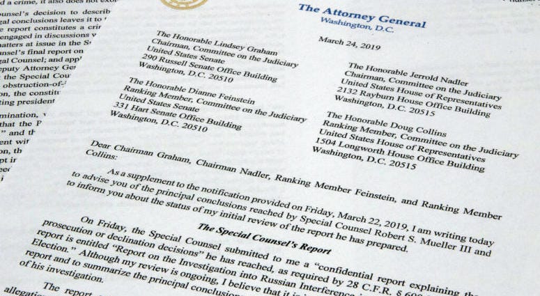 The letter from Attorney General William Barr to Congress on the conclusions reached by special counsel Robert Mueller in the Russia probe photographed on Sunday, March 24, 2019. The letter from Attorney General William Barr to Congress on the conclusions reached by special counsel Robert Mueller in the Russia probe.