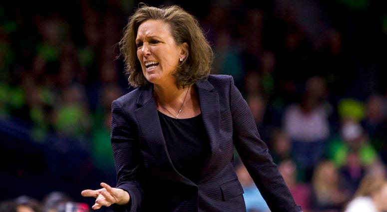 In this Feb. 3, 2019, file photo, Georgia Tech head coach MaChelle Joseph yells to her bench during an NCAA college basketball game against Notre Dame, in South Bend, Ind. Georgia Tech head coach MaChelle Joseph