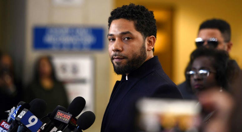 Actor Jussie Smollett talks to the media before leaving Cook County Court after his charges were dropped, Tuesday, March 26, 2019, in Chicago. Actor Jussie Smollett talks to the media before leaving Cook County Court after his charges were dropped.