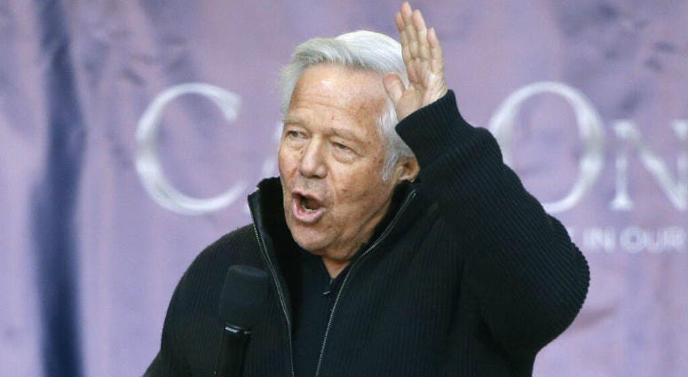 File-This Jan. 27, 2019, file photo shows New England Patriots owner Robert Kraft addressing the crowd during an NFL football Super Bowl send-off rally for the team, in Foxborough, Mass. New England Patriots owner Robert Kraft addressing the crowd during an NFL football Super Bowl send-off rally for the team, in Foxborough, Mass.