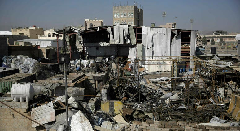 This April 10, 2019, file photo shows a view of the site of an airstrike by Saudi-led coalition in Sanaa, Yemen. President Donald Trump on Tuesday vetoed a bill passed by Congress to end U.S. military assistance in Saudi Arabia's war in Yemen. This April 10, 2019, file photo shows a view of the site of an airstrike by Saudi-led coalition in Sanaa, Yemen. President Donald Trump on Tuesday vetoed a bill passed by Congress to end U.S. military assistance in Saudi Arabia's war in Yemen.