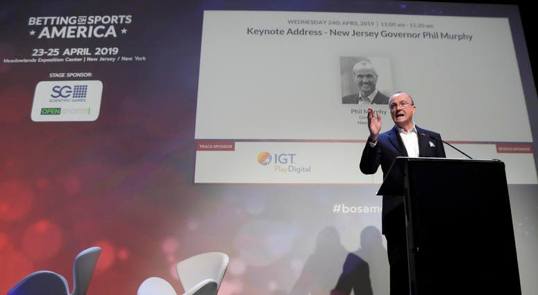 New Jersey Gov. Phil Murphy addresses an audience at the Betting On Sports America conference, Wednesday, April 24, 2019, in Secaucus, N.J. New Jersey Gov. Phil Murphy
