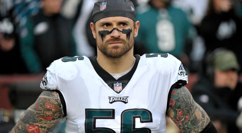In this Dec. 30, 2018, file photo, Philadelphia Eagles defensive end Chris Long stands on the sideline prior to the team's NFL football game against the Washington Redskins in Landover, Md. Chris Long