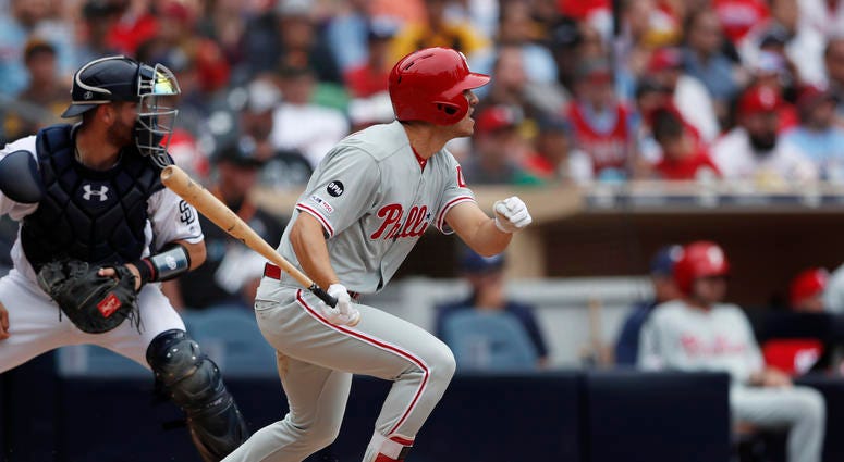 Philadelphia Phillies' Adam Haseley watches his RBI double during the eighth inning of the team's baseball game against the San Diego Padres, Wednesday, June 5, 2019, in San Diego. Phillies