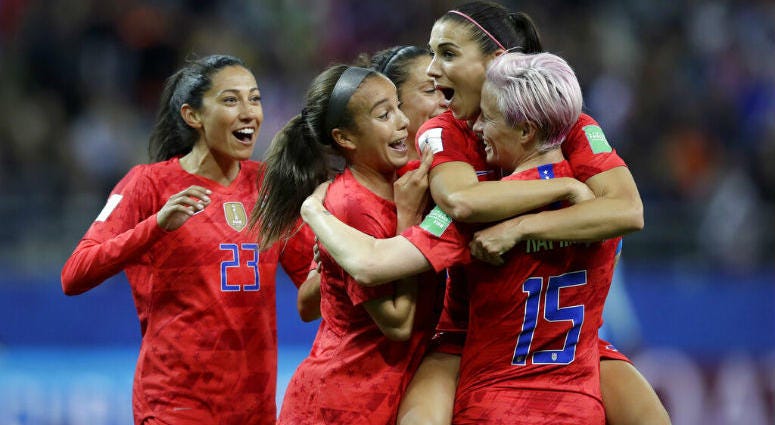 United States' Alex Morgan, second right, celebrates after scoring her side's 12th goal during the Women's World Cup Group F soccer match between United States and Thailand at the Stade Auguste-Delaune in Reims, France, Tuesday, June 11, 2019. United States' Alex Morgan, second right, celebrates after scoring her side's 12th goal during the Women's World Cup Group F soccer match between United States and Thailand at the Stade Auguste-Delaune in Reims, France, Tuesday, June 11, 2019.