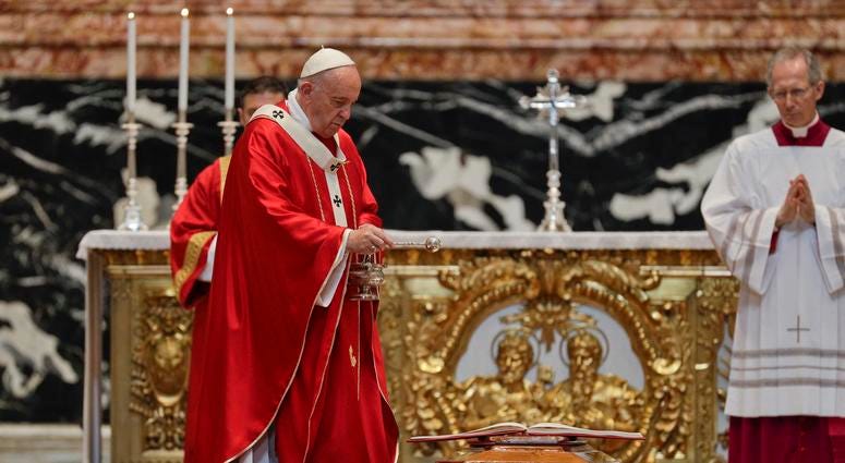 Pope Francis blesses the coffin as he celebrates the funeral service of Cardinal Leon Kalenga Badikebele, the Apostolic nuncio in Argentina, in St. Peter's Basilica at the Vatican, Saturday, June 15, 2019. Pope Francis blesses the coffin as he celebrates the funeral service of Cardinal Leon Kalenga Badikebele, the Apostolic nuncio in Argentina, in St. Peter's Basilica at the Vatican, Saturday, June 15, 2019.