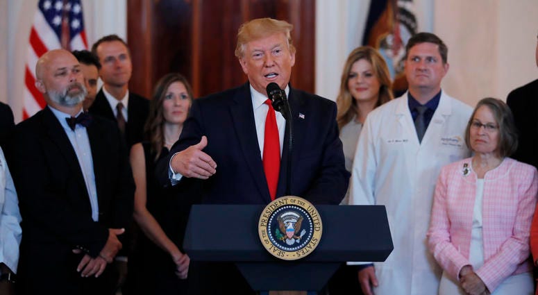 President Donald Trump speaks during a ceremony where he will sign an executive order that calls for upfront disclosure by hospitals of actual prices for common tests and procedures to keep costs down, at the White House in Washington, June 24, 2019. Donald Trump