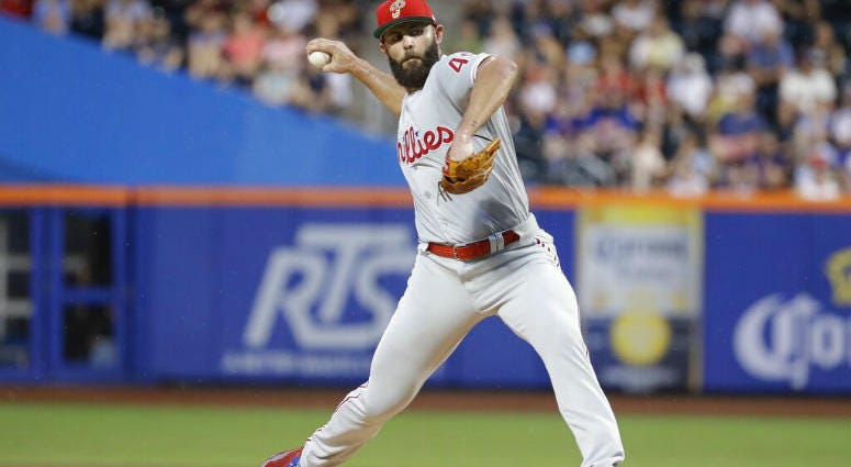 Philadelphia Phillies' Jake Arrieta delivers a pitch during the first inning of a baseball game against the New York Mets, Saturday, July 6, 2019, in New York. Philadelphia Phillies' Jake Arrieta delivers a pitch during the first inning of a baseball game against the New York Mets, Saturday, July 6, 2019, in New York.
