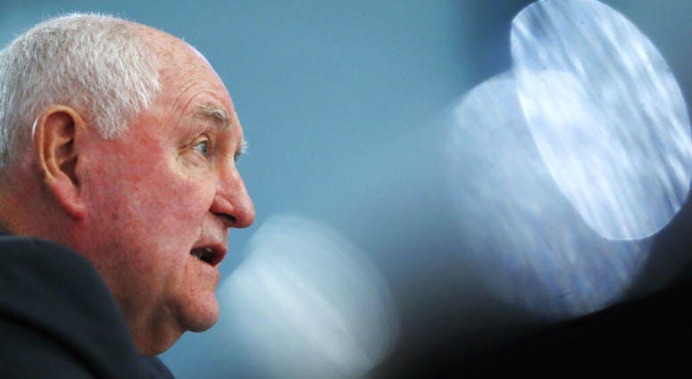 FILE - In this Feb. 27, 2019 file photo, Agriculture Secretary Sonny Perdue testifies during a House Agriculture Committee hearing, on Capitol Hill in Washington. The Trump administration is proposing to tighten automatic eligibility requirements for the food stamp program.