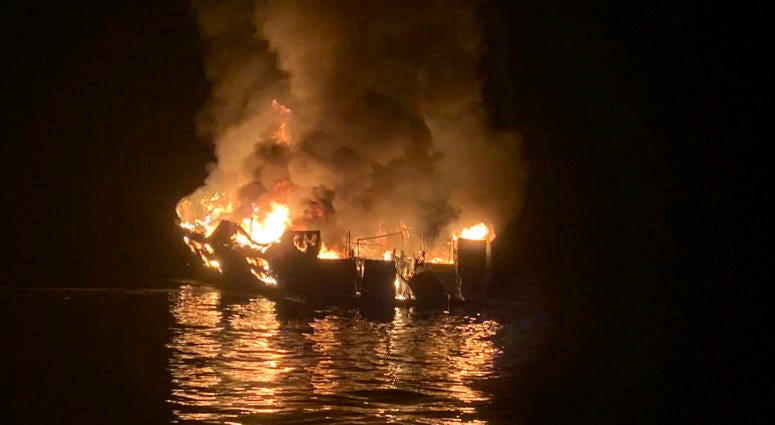 In this Sept. 2, 2019, file photo, provided by the Santa Barbara County Fire Department, a dive boat is engulfed in flames after a deadly fire broke out aboard the commercial scuba diving vessel off the Southern California Coast. California boat fire