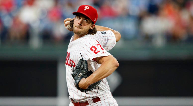 Philadelphia Phillies' Aaron Nola pitches during the first inning of a baseball game against the Atlanta Braves, Monday, Sept. 9, 2019, in Philadelphia. Philadelphia Phillies' Aaron Nola pitches during the first inning of a baseball game against the Atlanta Braves, Monday, Sept. 9, 2019, in Philadelphia.