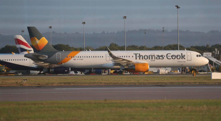 A Thomas Cook plane on the tarmac at Gatwick Airport in Sussex, England Monday Sept. 23, 2019. A Thomas Cook plane on the tarmac at Gatwick Airport in Sussex, England Monday Sept. 23, 2019.