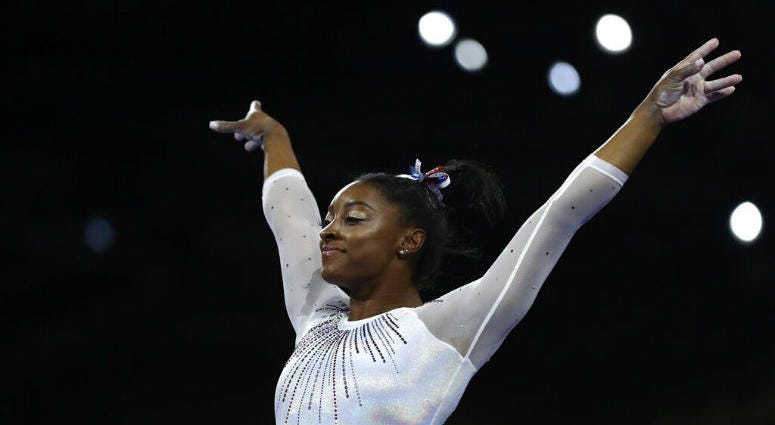 Simone Biles of the United States performs on the vault in the women's all-around final at the Gymnastics World Championships in Stuttgart, Germany, Thursday, Oct. 10, 2019. Simone Biles of the United States performs on the vault in the women's all-around final at the Gymnastics World Championships in Stuttgart, Germany.