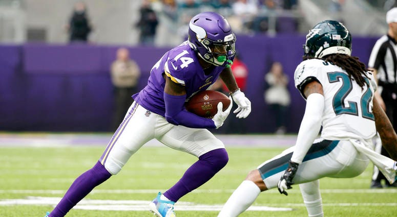Minnesota Vikings wide receiver Stefon Diggs, left, runs from Philadelphia Eagles cornerback Sidney Jones, right, after catching a pass during the first half. Minnesota Vikings wide receiver Stefon Diggs, left, runs from Philadelphia Eagles cornerback Sidney Jones, right, after catching a pass during the first half.