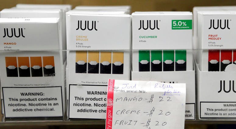 uul products are displayed at a smoke shop in New York. On Thursday, Oct. 17, 2019, the company announced it will voluntarily stop selling its fruit and dessert-flavored vaping pods. uul products are displayed at a smoke shop in New York. On Thursday, Oct. 17, 2019, the company announced it will voluntarily stop selling its fruit and dessert-flavored vaping pods.