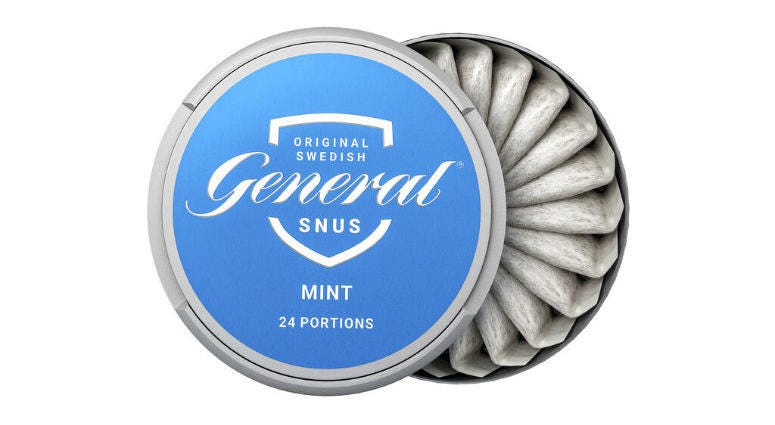 This image provided by Swedish Match in 2019 shows the company's "General Snus" pouched smokeless tobacco product. Swedish Match "General Snus" pouched smokeless tobacco product.