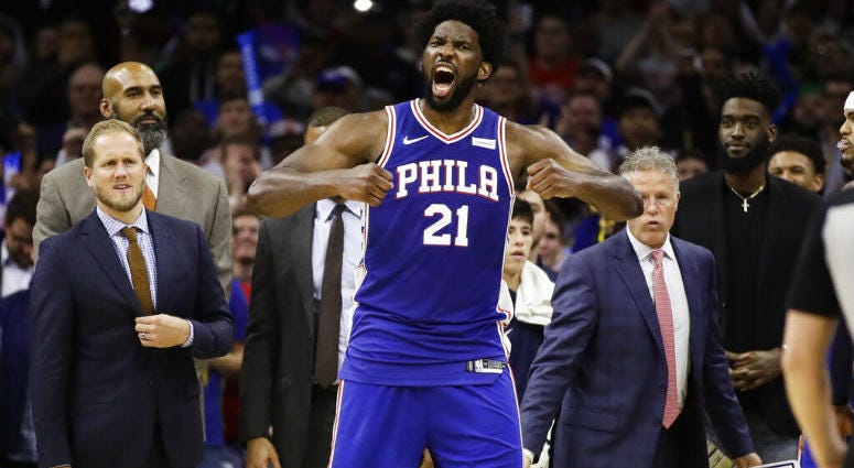 Philadelphia 76ers' Joel Embiid reacts after it was announced that he and Minnesota Timberwolves' Karl-Anthony Towns were ejected, during the second half of an NBA basketball game Wednesday, Oct. 30, 2019, in Philadelphia. Philadelphia 76ers' Joel Embiid reacts after it was announced that he and Minnesota Timberwolves' Karl-Anthony Towns were ejected.