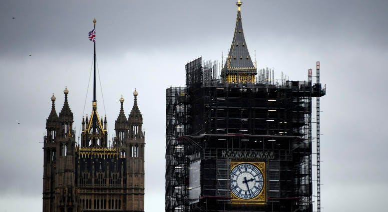 A view of the Victoria Tower, left, and the Elizabeth Tower, which holds the bell known as "Big Ben," in London, Friday, Nov. 1, 2019. A view of the Victoria Tower, left, and the Elizabeth Tower, which holds the bell known as "Big Ben," in London, Friday, Nov. 1, 2019.