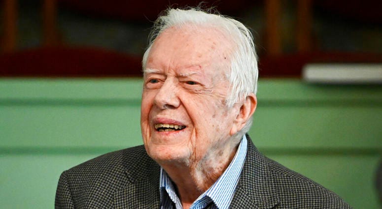 In this Sunday, Nov. 3, 2019, photo, former President Jimmy Carter teaches Sunday school at Maranatha Baptist Church in Plains, Ga. Former President Jimmy Carter teaches Sunday school at Maranatha Baptist Church in Plains, Ga.