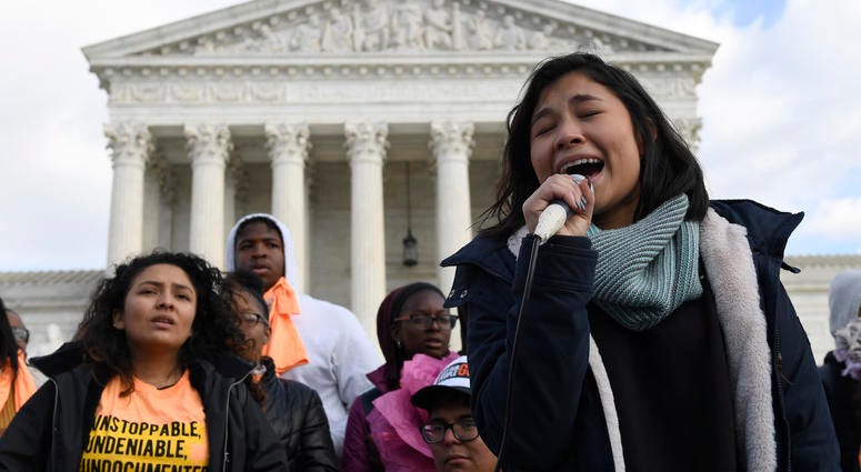 The Supreme Court on Tuesday takes up the Trump administration’s plan to end legal protections that shield nearly 700,000 immigrants from deportation. Michelle Lainez, 17, originally from El Salvador but now living in Gaithersburg, Md., speaks during a rally outside the Supreme Court in Washington, Friday, Nov. 8, 2019.
