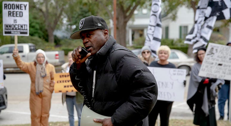 odrick Reed leads a chant during a protest against the execution of Rodney Reed on Wednesday, Nov. 13, 2019, in Bastrop, Texas. odrick Reed leads a chant during a protest against the execution of Rodney Reed on Wednesday, Nov. 13, 2019, in Bastrop, Texas.