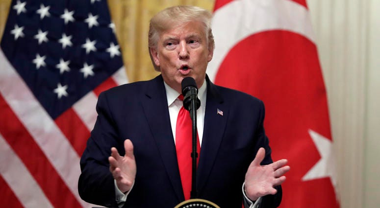 President Donald Trump speaks during a news conference with Turkish President Recep Tayyip Erdogan in the East Room of the White House in Washington. President Donald Trump speaks during a news conference with Turkish President Recep Tayyip Erdogan in the East Room of the White House in Washington.
