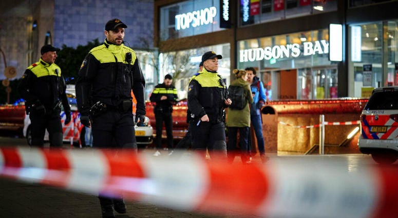 Dutch police secure a shopping street after a stabbing incident in the center of The Hague, Netherlands, Friday, Nov. 29, 2019. Dutch police secure a shopping street after a stabbing incident in the center of The Hague, Netherlands.