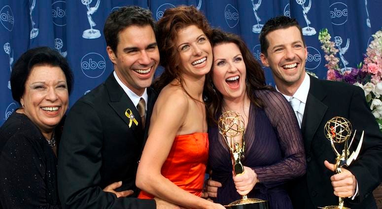 Shelley Morrison, from left, Eric McCormack, Debra Messing, Megan Mullally and Sean Hayes celebrate their awards for their work in "Will & Grace" at the 52nd annual Primetime Emmy Awards in Los Angeles on Sept. 10, 2000. Shelley Morrison, from left, Eric McCormack, Debra Messing, Megan Mullally and Sean Hayes celebrate their awards for their work in "Will & Grace" at the 52nd annual Primetime Emmy Awards in Los Angeles on Sept. 10, 2000.