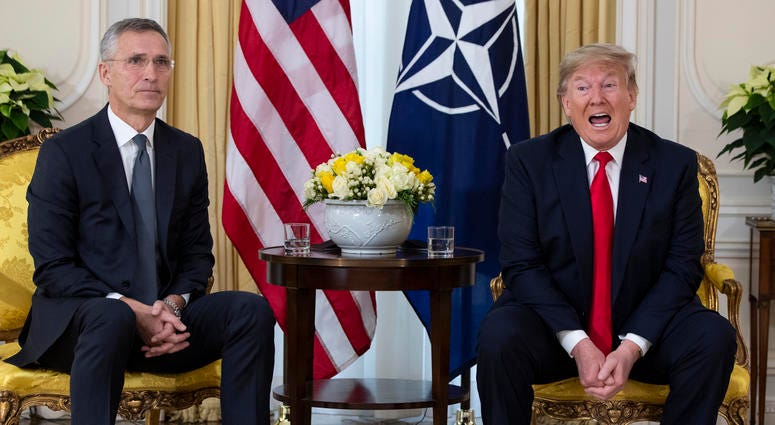 U.S. President Donald Trump speaks during a meeting with NATO Secretary General, Jens Stoltenberg at Winfield House in London, Tuesday, Dec. 3, 2019. U.S. President Donald Trump speaks during a meeting with NATO Secretary General, Jens Stoltenberg at Winfield House in London, Tuesday, Dec. 3, 2019.