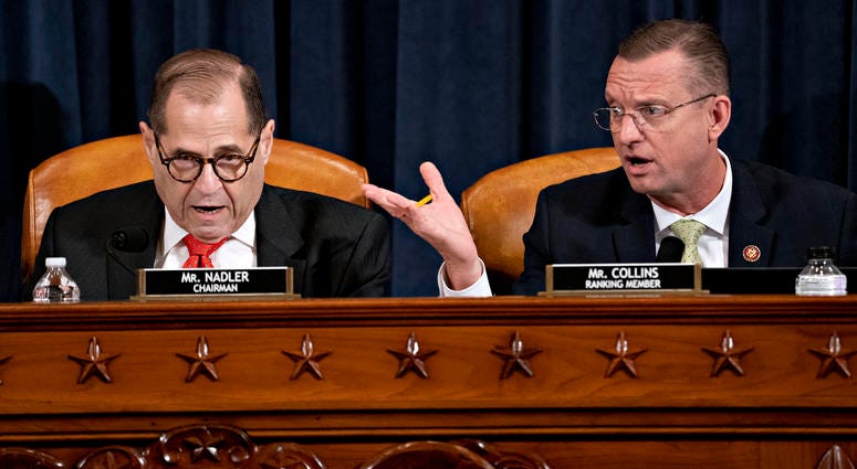 House Judiciary Committee Chairman Rep. Jerrold Nadler, D-N.Y., left, and ranking member Rep. Doug Collins, R-Ga., right, at a convening over the articles of impeachment against President Donald Trump. House Judiciary Committee Chairman Rep. Jerrold Nadler, D-N.Y., left, and ranking member Rep. Doug Collins, R-Ga., right, at a convening over the articles of impeachment against President Donald Trump.