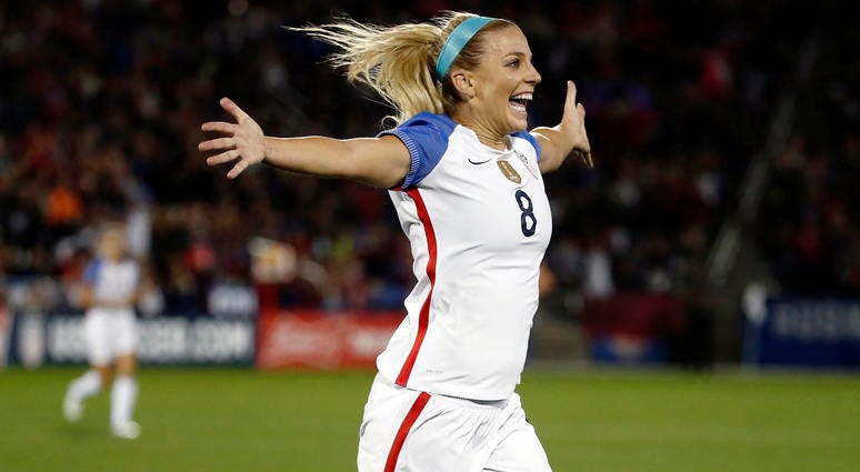 In this Sept. 15, 2017, file photo, United States defender Julie Ertz (8) celebrates after scoring a goal against New Zealand during the first half of an international friendly soccer match in Commerce City, Colo. Julie Ertz