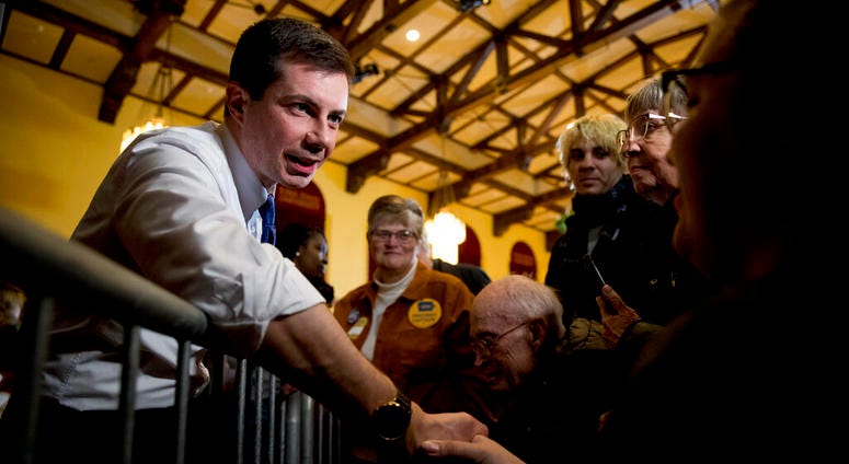 Democratic presidential candidate former South Bend, Ind., Mayor Pete Buttigieg greets members of the audience at a campaign stop at Iowa State University, Monday, Jan. 13, 2020, in Aimes, Iowa. Democratic presidential candidate former South Bend, Ind., Mayor Pete Buttigieg greets members of the audience at a campaign stop at Iowa State University, Monday, Jan. 13, 2020, in Aimes, Iowa.