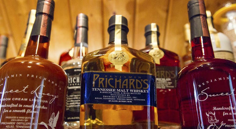 In this March 19, 2015 file photo, bottles of spirits are on display at the Prichard's Distillery in Nashville, Tenn. In this March 19, 2015 file photo, bottles of spirits are on display at the Prichard's Distillery in Nashville, Tenn.