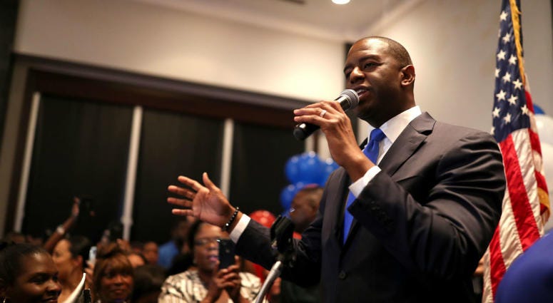 Democratic gubernatorial nominee Andrew Gillum celebrates his victory with supporters during his election watch party at Hotel Duval. Democratic gubernatorial nominee Andrew Gillum celebrates his victory with supporters during his election watch party at Hotel Duval.