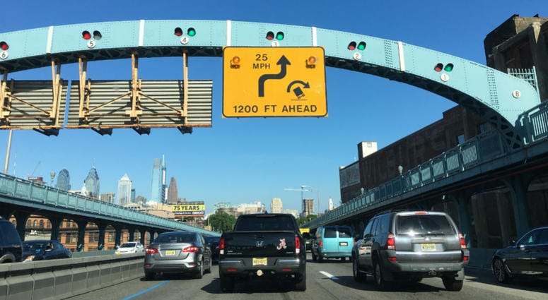 A new yellow sign with the truck rollover symbol was installed on the westbound Ben Franklin Bridge. A new yellow sign with the truck rollover symbol was installed on the westbound Ben Franklin Bridge.